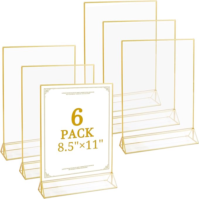 Floroom 6 Pack 8.5x11 Inch Clear Acrylic Sign Holders, Double-Sided Gold Display Stand Picture Frames for Table Numbers, Menus, Flyers, Weddings, and Offices