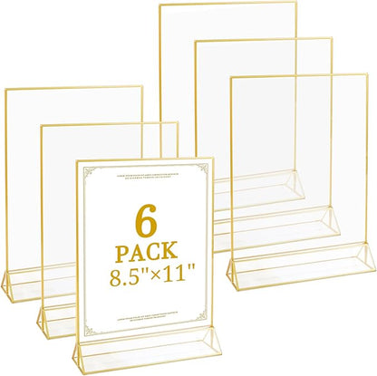 Floroom 6 Pack 8.5x11 Inch Clear Acrylic Sign Holders, Double-Sided Gold Display Stand Picture Frames for Table Numbers, Menus, Flyers, Weddings, and Offices