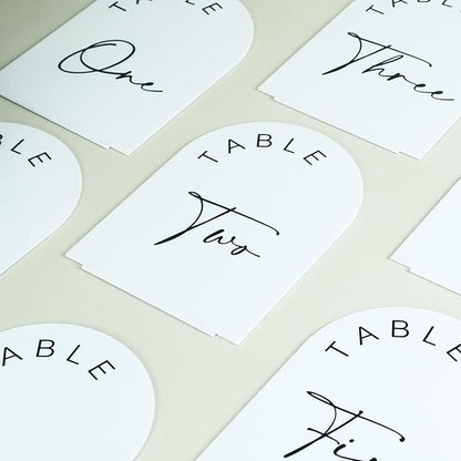 JINMURY White Arch Wedding Table Numbers 1-15 with Stands, 5x7 Inch Acrylic Arch Sign with Black Lettering, White Acrylic Table Numbers for Wedding Reception