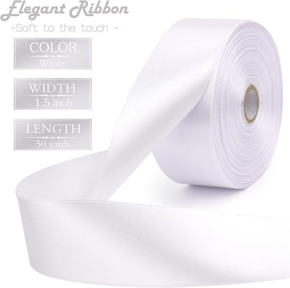 White Solid Satin Ribbon 1-1/2 Inch 50 Yards Solid Polyester Fabric Ribbon for Gift Wrapping Wedding Christmas Baby Shower Birthday Party Decoration Handmade Immortal Flower Craft