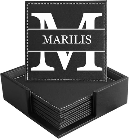 Custom Coasters Set of 6, Personalized Leather Coasters for Drinks with Holder, Customized Coasters Name, Photo, Logo for Coffee Table Bar Wine Cup Housewarming