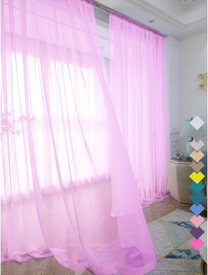 Window Pink Sheer Curtains 48 Inches Width 45 Inches Long 2 Panels Sheer Curtain Clear Curtains Basic Rod Pocket Panel for Home Living Room Bedroom Kids Room Yard Patio Parlor Sliding