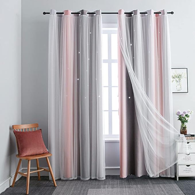 FANLI Ombre Rainbow Blackout Curtains for Kid Girls Bedroom Living Room Darking Stripe Double Layer Star Cut Out Wall Home Decor Gradient Grommet Window Curtains (Pink/Grey, 52W x 72L)