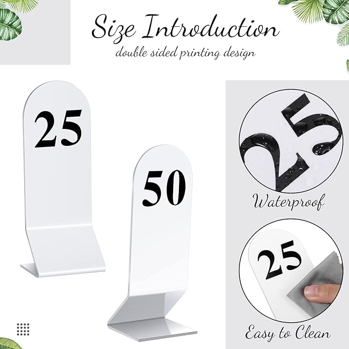 Remerry 50 Pcs Table Numbers 1-50 Acrylic Double Sided Number Cards Acrylic Tent Table Holders Tent Cards Wedding for Restaurant, 2.36 x 6.3 Inch (White)