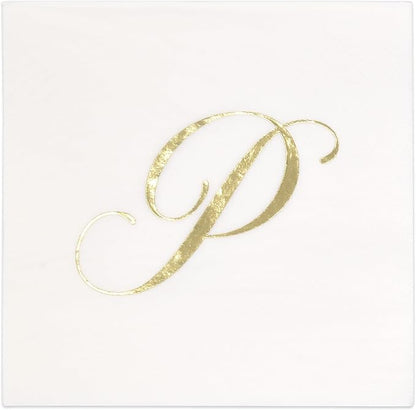 Gift Boutique - 100 Gold Monogram Cocktail Napkins Letter P Disposable Paper Pack Elegant Metallic Golden Foil Hand Napkin for Powder Room Wedding Holiday Birthday Party Baby Shower Decorative Towels
