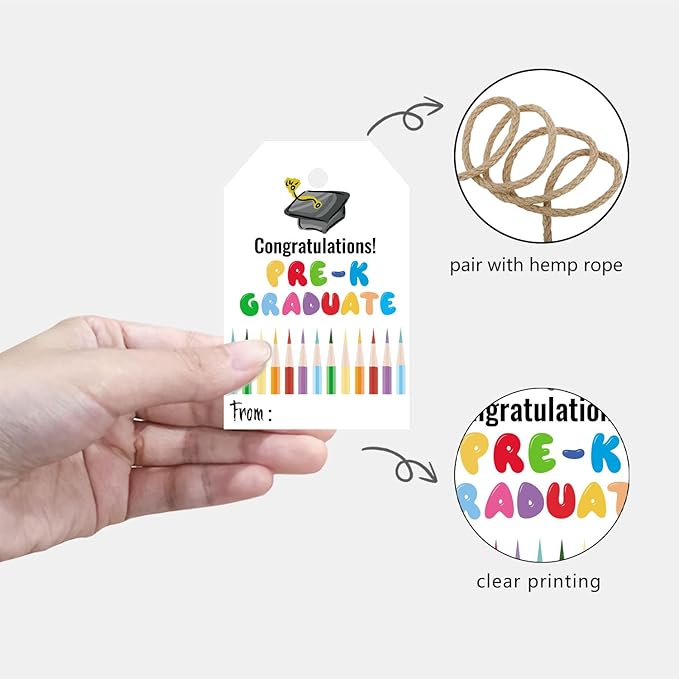 50 Pcs Pre-K Graduation Gift Tags, Congrats Grad Party Favors Gift Tags for High School or Happy College Graduation Party Decoration Supplies (pre k, 2.2 * 3.5)