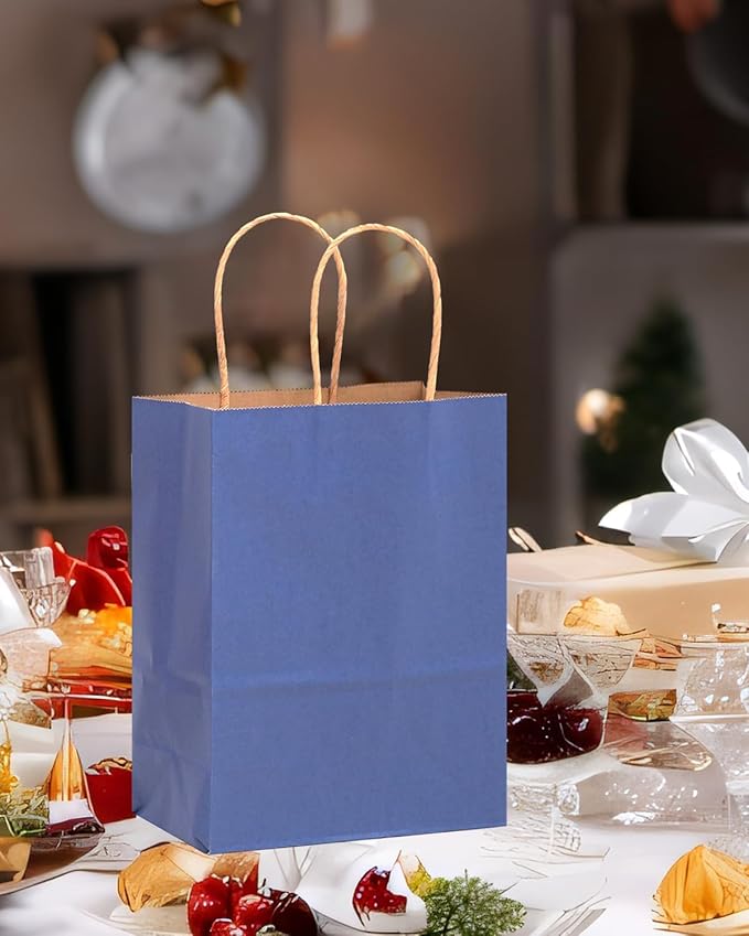 qiqee 50-Packs Kraft Deep Blue Paper Gift Bags with Handles Bulk 11"x8.3"x4.3" Medium Size Paper Bags Multiple Uses