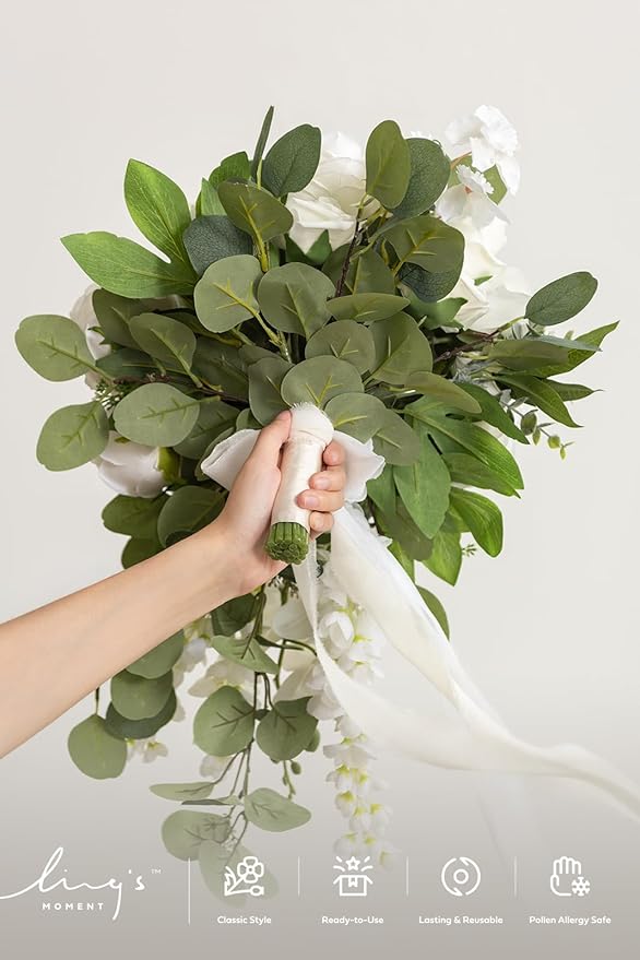 Ling's moment White Bridal Bouquet Cascading, White Wedding Bouquets for Bride, 13 Inch Ivory Bride Bouquets for Wedding Artificial Flowers Bouquets