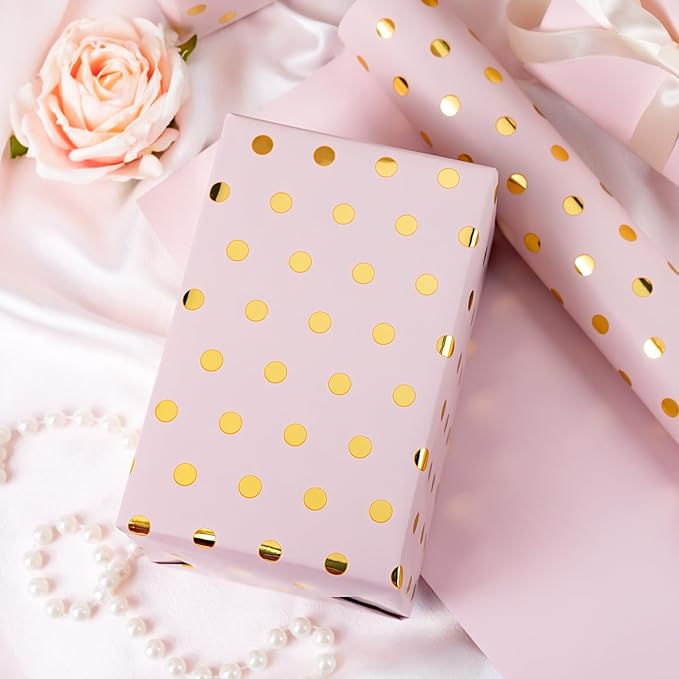 Flyhill Pink Wrapping Paper Roll,Reversible Mini Roll Gold Foil Polka Dot Gift Wrap for Birthday,Girls,Baby Shower,Wedding (17 Inch X 32.8 Feet)
