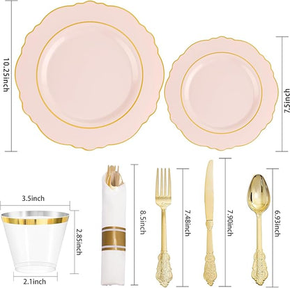 Liacere 350PCS Pink Plates Disposable - Pink and Gold Plates 50guest Baroque Plastic Dinnerware include 100Plates, 50Pack Pre Rolled Napkins with Silverware 50Cups Perfect for Wedding＆Mother's Day