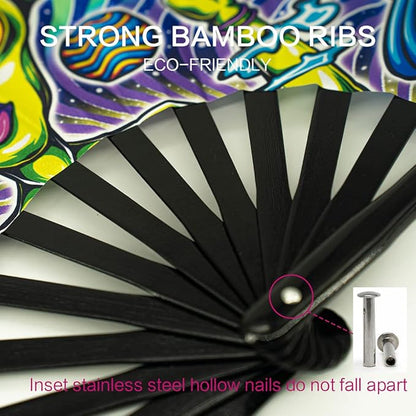 13" Large Rave Fan Bamboo, Folding Clack Hand Fans Foldable for Men Women, Boots on the Ground Poping Fan for EDM Festival Line Dance Decoration, (Alien, Large 13")