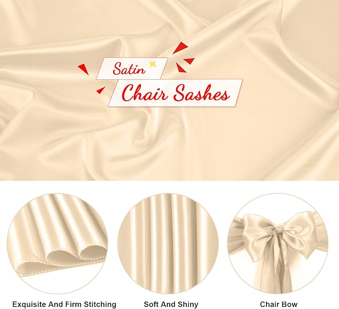 10 PCS Satin Chair Sashes Bows Universal Chair Ribbon Ties Back Sash for Wedding Party Reception Events Banquets Hotel Event Chair Cover Decoration (Champagne 7x108 inch)
