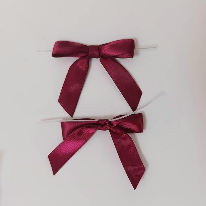 50pcs 2-1/2" Burgundy Satin Ribbon Bows with Twist Tie Bows for Christmas Gift Packing&Wrapping (Burgundy)