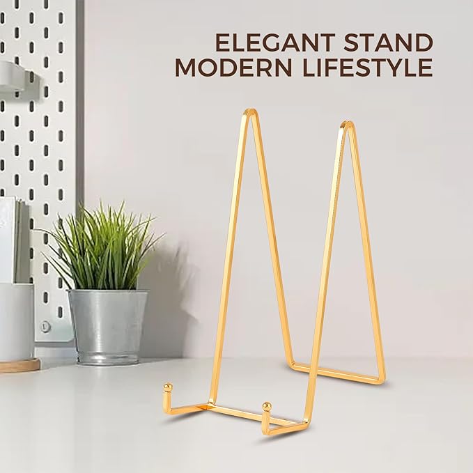 Large Plate Holder Display Stand - 10 inch Tall Plate Stands for Display - Metal Picture Frame Stand - Big Tabletop Easel Stand for Decorative Plates | Platter | Book | Plaque | Tile - 2 Pack - Gold