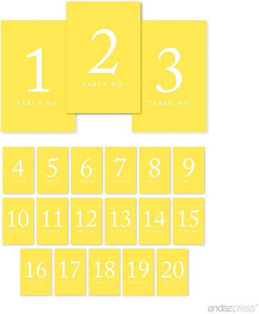 Andaz Press Yellow Table Numbers 1-20, 4x6-Inch Cards for Receptions and Events