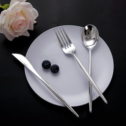 SUT 150Pcs Silver Plastic Silverware, Silver Disposable Cutlery, Heavy Duty Disposable Silverware, Plastic Utensils Include 50 Plastic Forks, 50 Plastic Spoons, 50 Plastic Knives