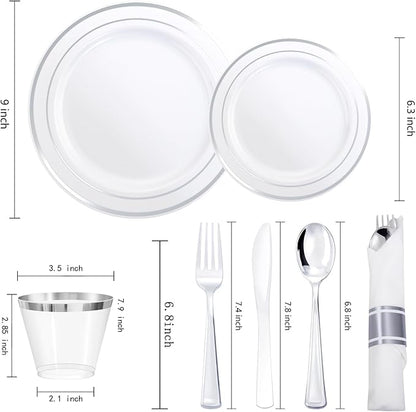350Piece Silver Plastic Dinnerware Set for 50 Guests - Silver Plastic Plates with Cutlery Include:50Dinner Plates-50Dessert Plates-50Pre Rolled Napkins with Silverware for Christmas