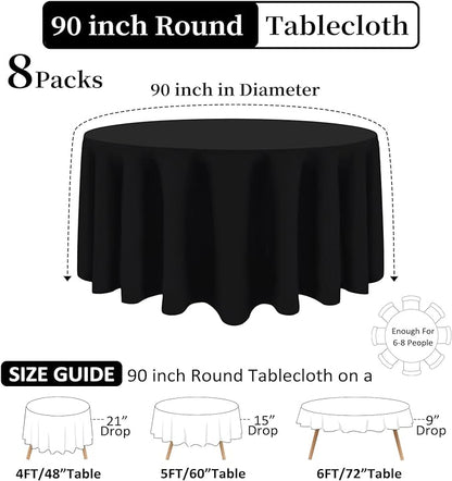 8 Pack Black Round Tablecloths 90 Inch Black Table Cloth Stain and Wrinkle Resistant Reusable and Washable Polyester Fabric for Buffet Wedding Party and Banquet