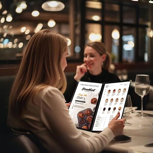 Goodsmart Restaurant Menu Covers - 25 Pack Black 8.5" x 11", 2-Page/4-View, Side-Loading Vinyl Menu Holders, Clear Sleeves, Double-Stitched Edge, Leather-Style Café Covers with Gold Corners