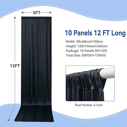 50x12ft Wrinkle Free Black Backdrop Curtain for Wedding Parties,10 Panels 5×12 ft Long Soft Silky Polyester Fabric Backdrop Drapes Black Photo Back Drop Curtains for Party Photography Background Cloth