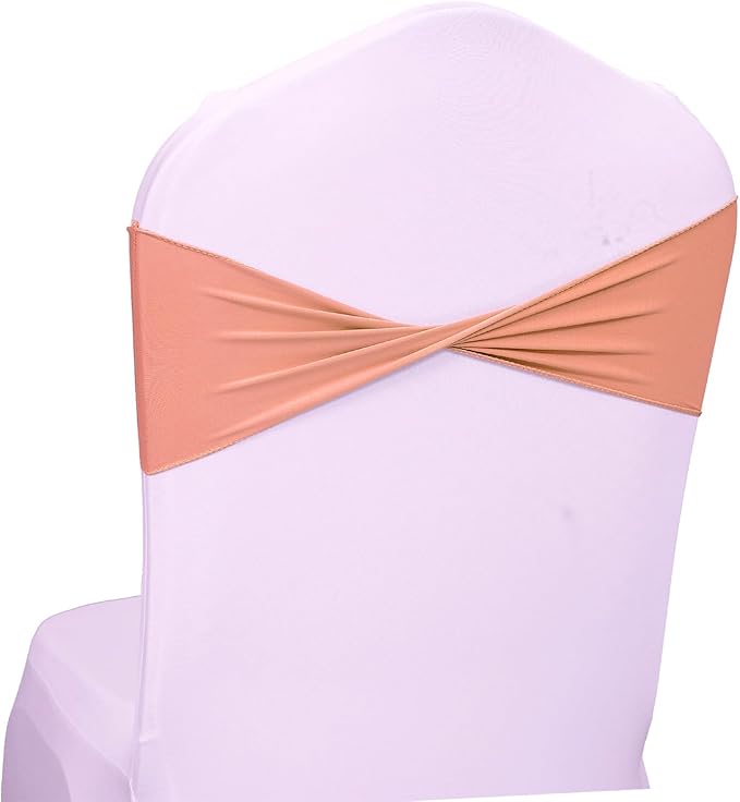 MDS Pack of 100 Spandex Chair Sashes Bows Elastic Stretch Dining Chair Bands Ties Without Slider Buckle Universal fits for Wedding Baby Shower Birthday Party Banquet Event Decoration - Coral Peach