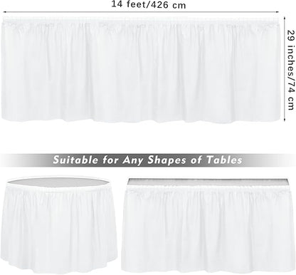 TURSTIN 8 Pieces White Plastic Table Skirts 14 Feet x 29 Inch for Rectangle Tables Fitted Tablecloth Disposable Table Cover for Birthday Party, Events, Banquette Baby Shower