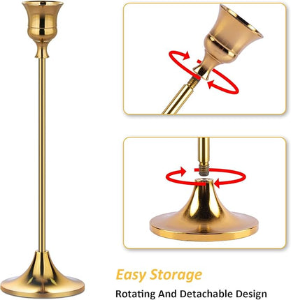Metal Candle Holders for Candlesticks Taper Candlestick Holders Set Vintage Decorative Centerpiece Candelabra Tall Candle Stands for Halloween Thanksgiving Christmas (Gold, 2 Sets (6 pcs))
