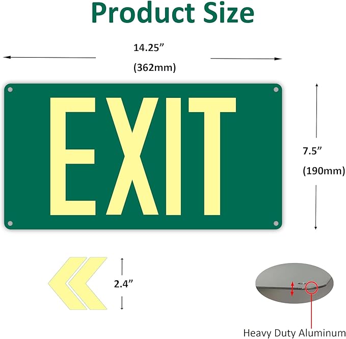 (2Pack) Photoluminescent Exit Sign, Glow In The Dark Aluminum Exit Sign Green - Adhesive Backing - 4pcs Removable Arrows Included - 14.25 x 7.5 Inches - Non Electrical Exit For 50 Feet Visibility