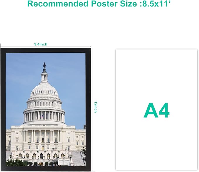 CRUGLA 8.5x11 Magnetic Frame Sheet with Self Adhesive Backing, Poster Certificate Carft Picture Photo Frame for Refrigerator Office Glass Window Door Cubicle Tile, 12 Pack