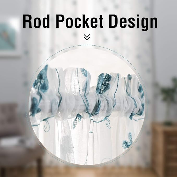Blue Sheer Curtains 84 Inches Long, Floral Embroidered Rod Pocket Sheer Drapes for Living Room, Bedroom, 2 Panels, 52"x84", Semi Crinkle Voile Window Treatments for Yard, Patio, Villa, Parlor .