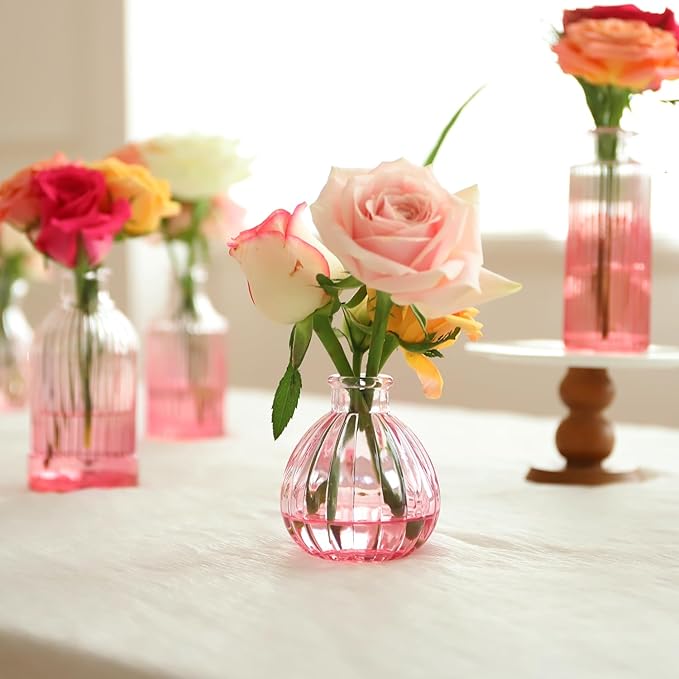 Pink Vase, Glass Bud Vases Set of 12, Small Pink Glass Vases for Flowers Colored Ribbed Flower Vase for Decor Bud Vase in Bulk Vintage Decor Bridal Shower Wedding Centerpieces Home Table Decoration