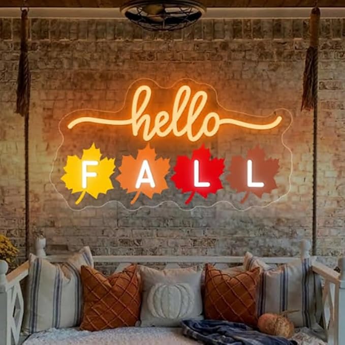 Hello Fall Leaves LED Neon Sign, Fall Home Bedroom Decor Neon Light UV Printing Autumn Party Garden Sign Thanksgiving Door Wall Décor Size:18x 9inches