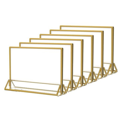 NIUBEE 6Pack 7 x 5 Horizontal Clear Acrylic Sign Holder with Gold Borders, Double Sided Table Menu Stands Picture Frames for Wedding Table Numbers, Restaurant Signs, Photos and Art Display