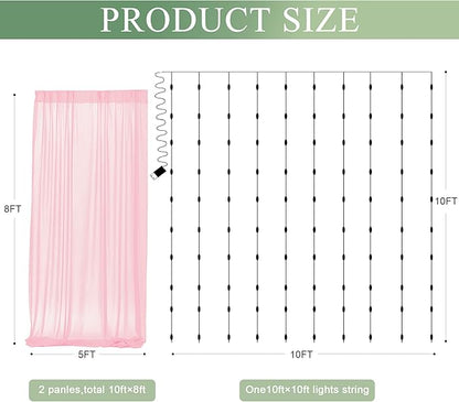 Tulle Backdrop Curtain with Lights String 10FT X 8FT Pink Sheer Tulle Backdrop Curtains for Wedding Birthday Party Reception Photo Booth Background Decorations (2 Panels 5x8FT)