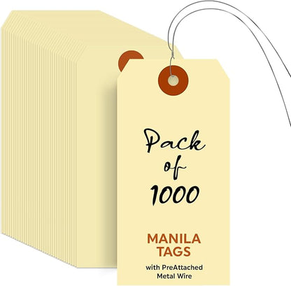 SmartSign Blank Manila Shipping Tags with Wire - Pack of 1000, Size-5, 13pt Thick Prewired Cardstock Tag, 4 3/4" x 2 3/8" Paper Hang Tags with Reinforced Fiber Patch