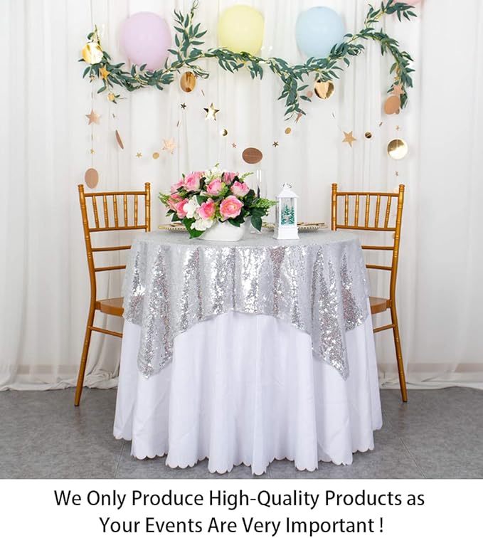 ShinyBeauty Sequin Tablecloth 36x36-Inch-Silver Square Glitter Table Cover Silver Table Cloths for Parties-190626J