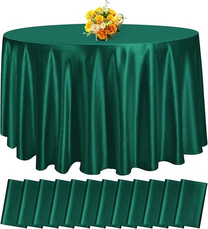12 Pack 120 Inch Hunter Green Satin Tablecloth - Premium Bright Silky Round Tablecloth Overlay Smooth Fabric Table Cover, Table Decoration for Wedding Party Banquet Events Restaurant Kitchen Dining