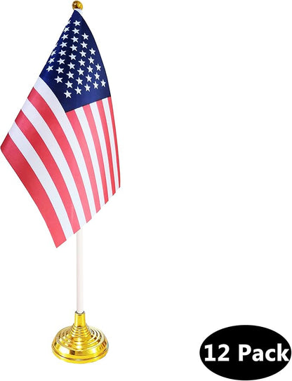 12 Pack USA US Desk Flags,Small Mini American Deluxe Table Flags Set with Stand Base，8.2 x 5.5 inches Miniature Desktop Flag