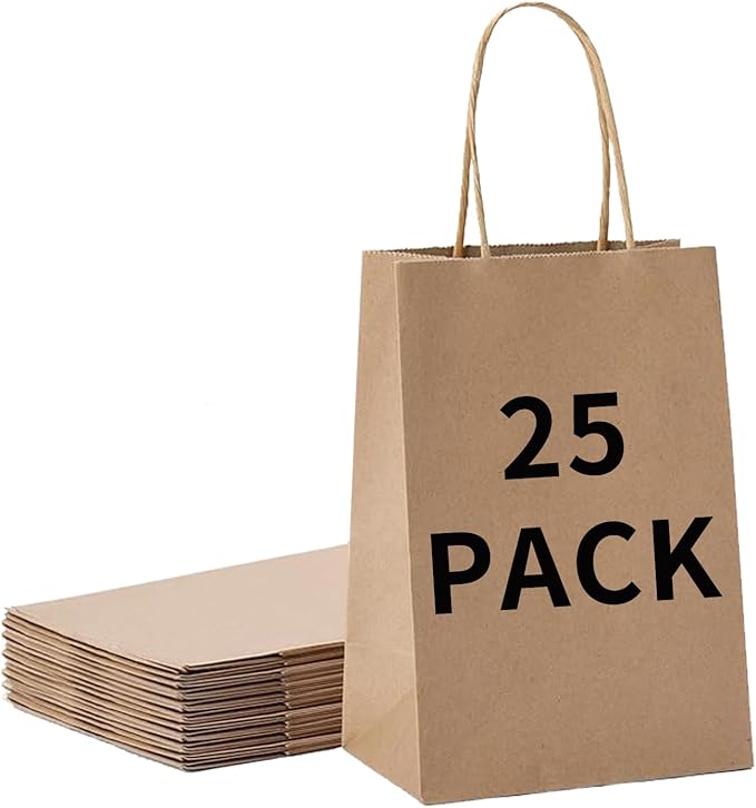 BAG BOX 25 Pack 5.9x3.1x8.25 Inch Brown Gift Bags with Handles,Bulk Kraft Paper Bags for Shopping, Retail, Merchandise, Wedding, Party Favors, Paper Grocery Sacks