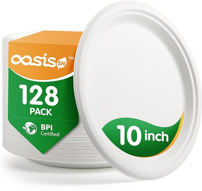 𝟏𝟎 𝐈𝐧𝐜𝐡, 𝟏𝟐𝟖-𝐏𝐚𝐜𝐤 Compostable Paper Plates, Heavy-Duty Biodegradable Disposable Dish Made from Bagasse, Perfeck for Snacks, Desserts, Party, Wedding and More (White)