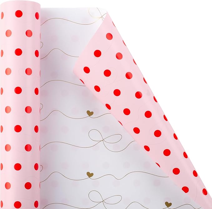 Flyhill Red Polka Dot Wrapping Paper,Reversible Pink Gold Elegant Bow & Heart Gift Wrap Suitable for Birthday,Girls,Baby Shower,Wedding (17 Inch X 32.8 Feet)