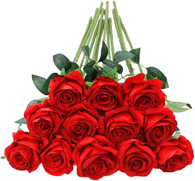 Tifuly 12 Pcs Red Roses Artificial Flowers,Realistic Long Stem Fake Silk Roses Bouquet for Party Home Wedding Centerpiece Office Decor