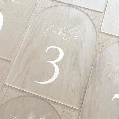 JINMURY Frosted Arch Table Numbers for Wedding, 5x7 Inch Acrylic Table Numbers 1-30 with Stands, Frosted Acrylic Arch Tabletop Sign with Holder for Centerpiece, Reception, Wedding, Party, Event