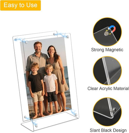 6 Pack Acrylic Picture Frame 4x6 inch, Magnetic Photo Frames, Clear Slanted Back Acrylic Frameless Transparent Frame for Desktop Display, Standing Photo Display Holder Gift for Home, Office