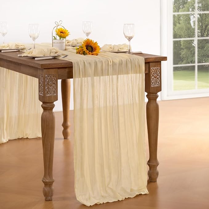 Beige Cheesecloth Table Runner Fall Table Runner 120 Inches Boho Gauze Cream Cheese Cloth Fall Table Decorations for Thanksgiving Wedding Bridal Baby Shower Garden Party Decor