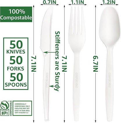 MISISIPI 150-Count Compostable Utensils Set - Heavy Duty BPI Certified, Plastic-Free Disposable Forks, Spoons, Knives for BBQ, Camping, Events, Plant-Based Cutlery
