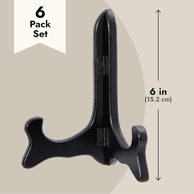 Juvale 6-Pack Wooden Plate Stands for Display - 6-Inch Black Compact Tabletop Wood Easels - Lightweight & Sturdy Plate Holder Stands for Photos & Artwork