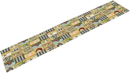 Farmhouse Animals Table Runner,Rustic Cabin Pig Chicken Cow Sunflowers Geometric Grids Burlap for Hotel Indoors Outdoor Dining Room Kitchen Holiday Party, 13x80in