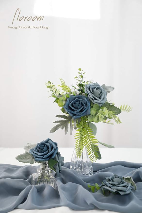 Floroom Artificial Flowers 50pcs Real Looking Dusty Blue Foam Fake Roses with Stems for DIY Wedding Bouquets Bridal Shower Centerpieces Floral Arrangements Party Tables Home Decorations