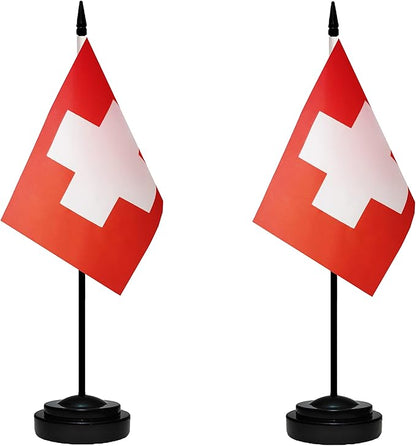 Switzerland Swiss Deluxe Desk Flag Set Small Mini Miniature Switzerland Swiss Table Desktop Flags With Solid Pole, Black Base and Spear Top(2 Pack)
